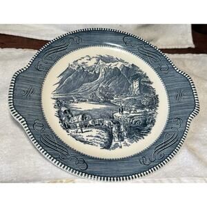 Currier & Ives Royal Blue Cake Plate Platter Tab Handles ROCKY MOUNTAINS 10.5”